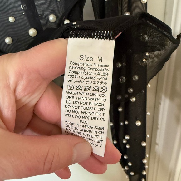 Black Sheer Mesh Faux Pearl Embellished Long Sleeve Top Womens Size Medium - Picture 3 of 6